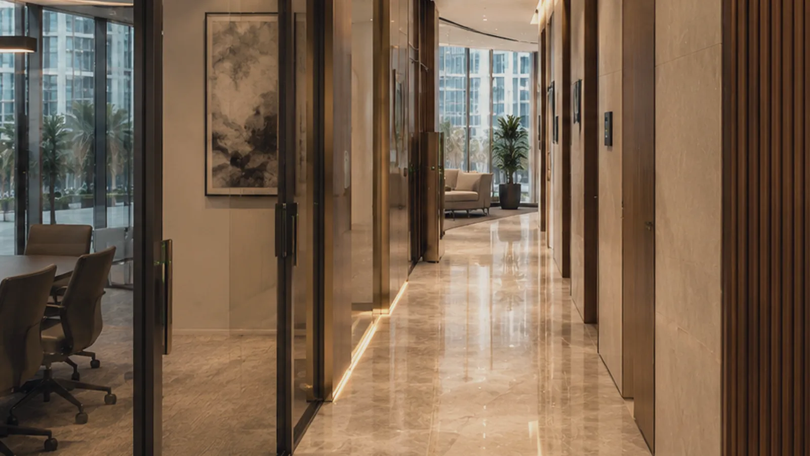 Seuil des bureaux privés Caravelli Costruzioni à Dubai — pierre claire, verre et lumière indirecte