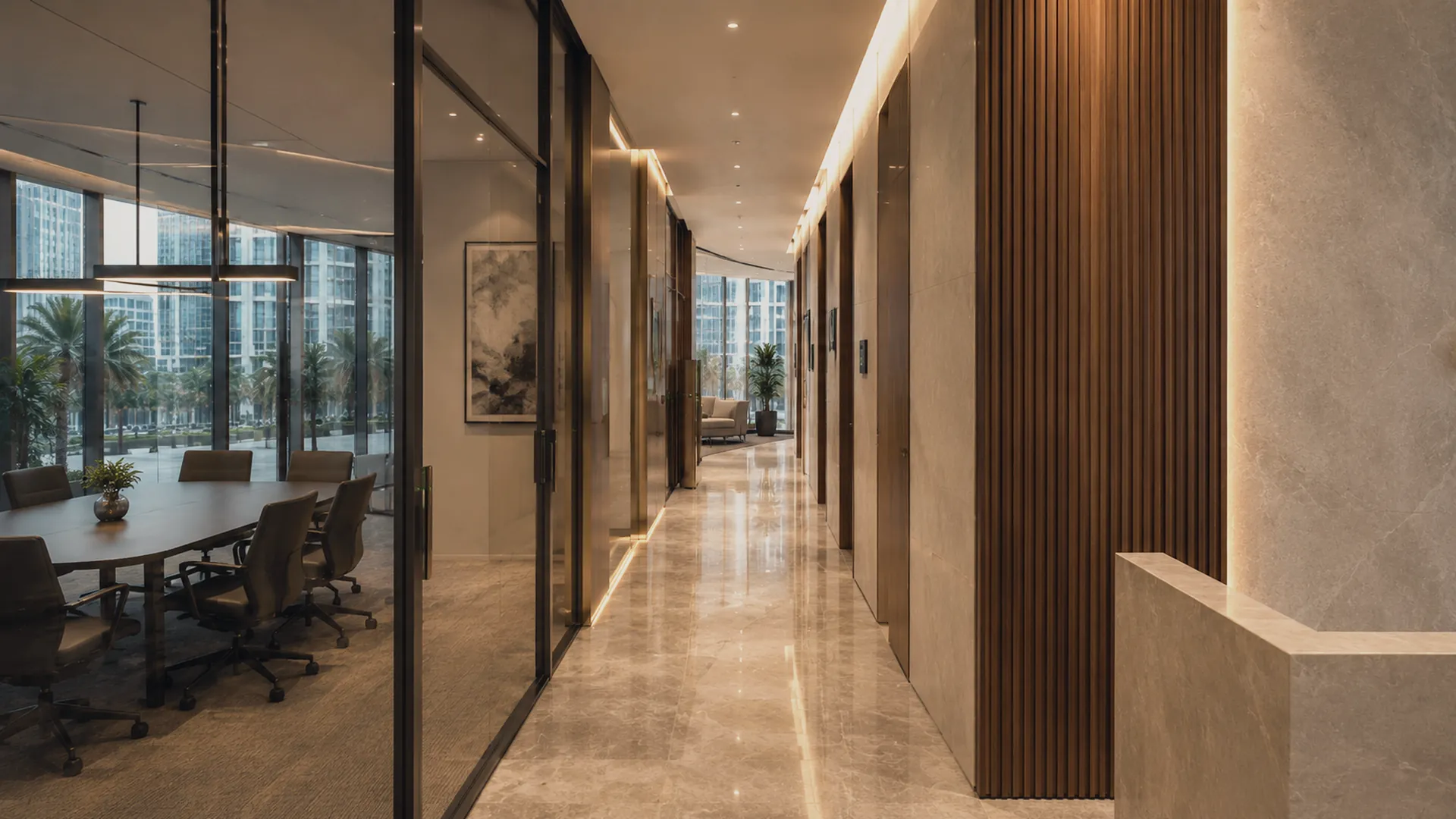 Galerie intérieure des bureaux Caravelli Dubai — parois vitrées et lignes nettes