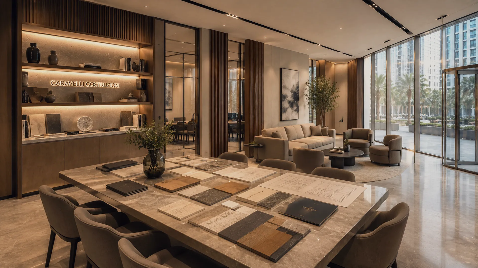 Salle des matières des bureaux Caravelli Dubai — pierre, bois, cuir, métal, plans et échantillons