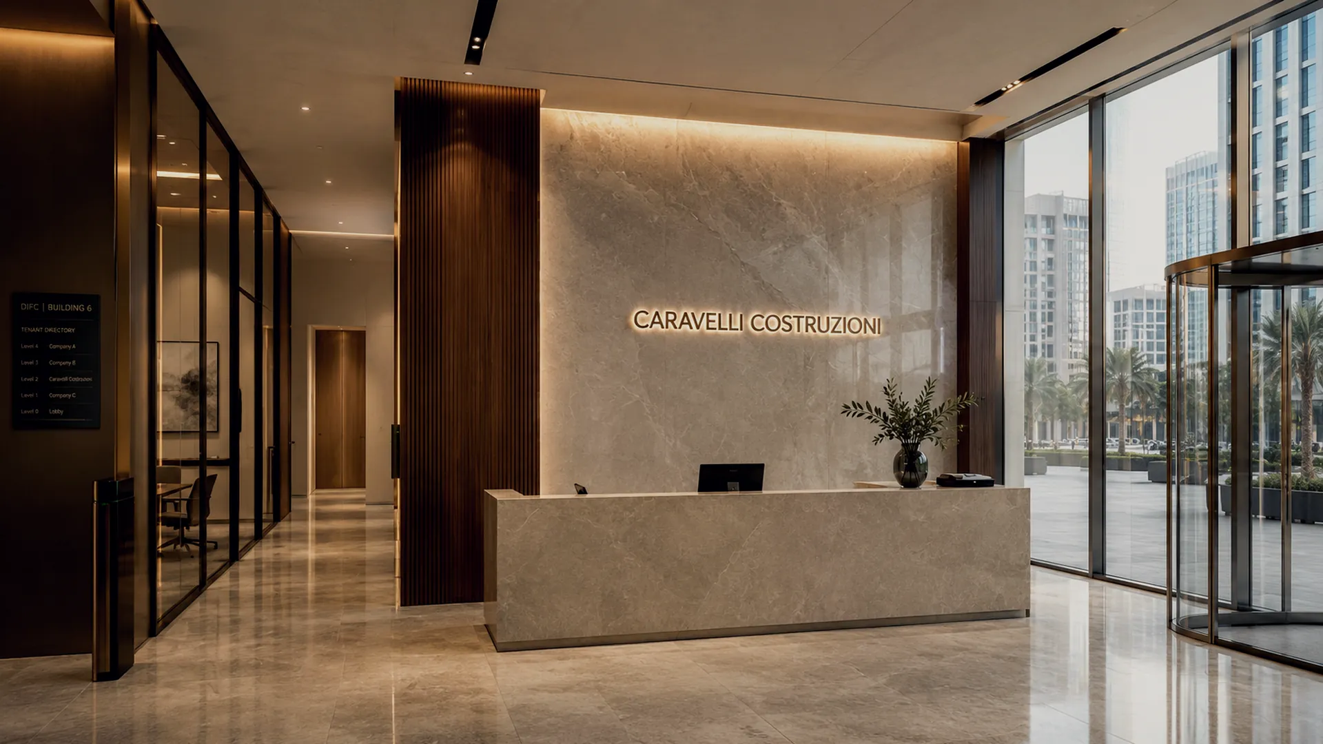Réception des bureaux privés Caravelli Costruzioni à Dubai, au sein du DIFC